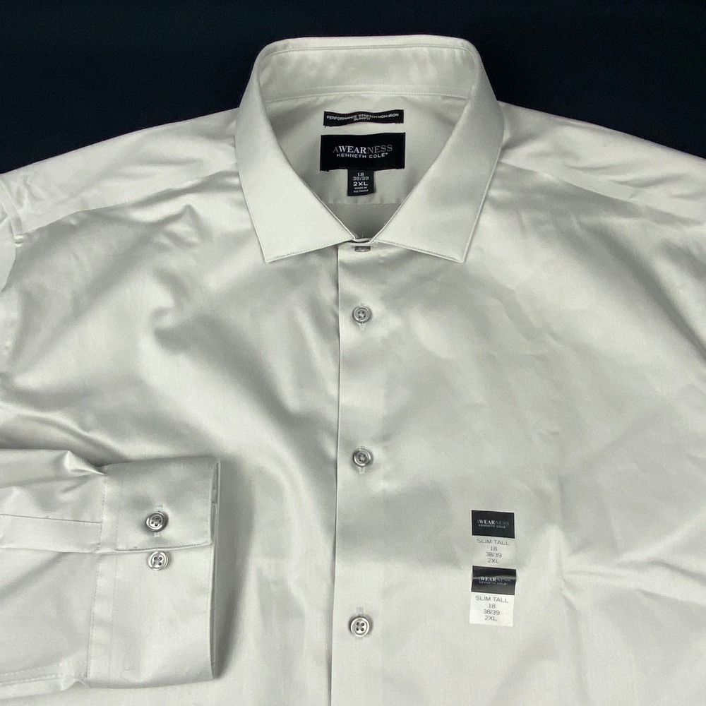 Awearness Kenneth Cole Gray Slim Fit Tall Dress Shirt 18 38/39 2XL NWT!